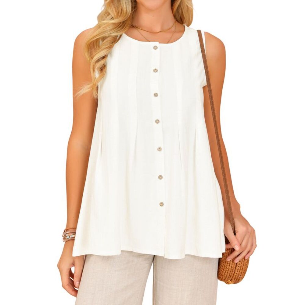 Women Casual Summer Linen Sleeveless Babydoll Peplum Blouse White